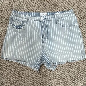 Frayed Denim Striped Jean Shorts - Blue and White